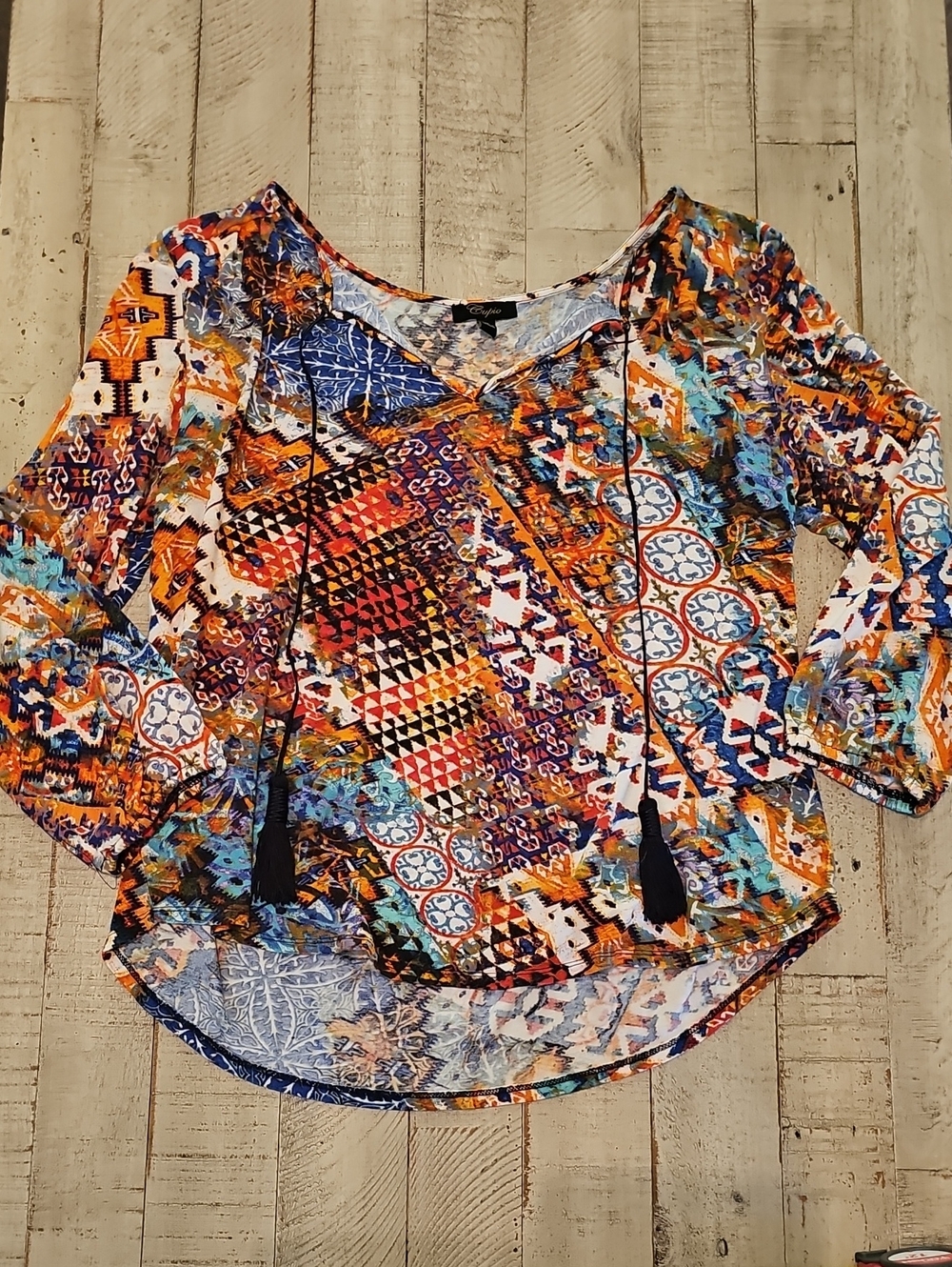 Cupio Multicolor Boho Patchwork Tunic Blouse with Tassel Ties